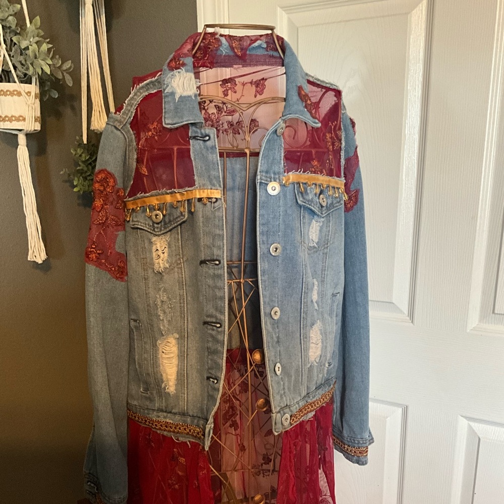 Upcycled and Embellished Denim and Red Lace Women's Jacket